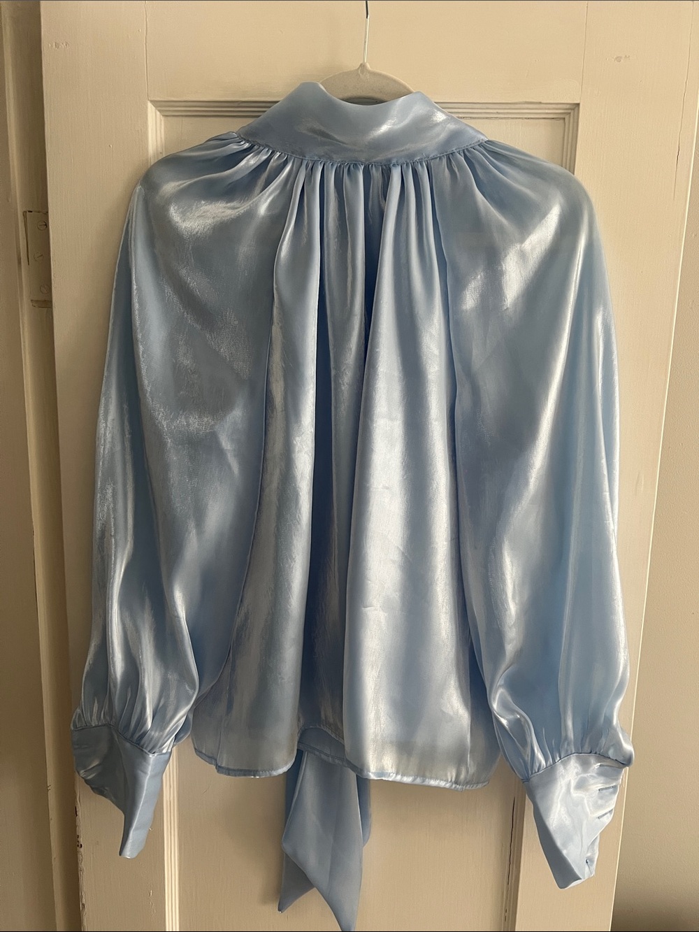 Light Blue Satin Blouse with Tie Neck
